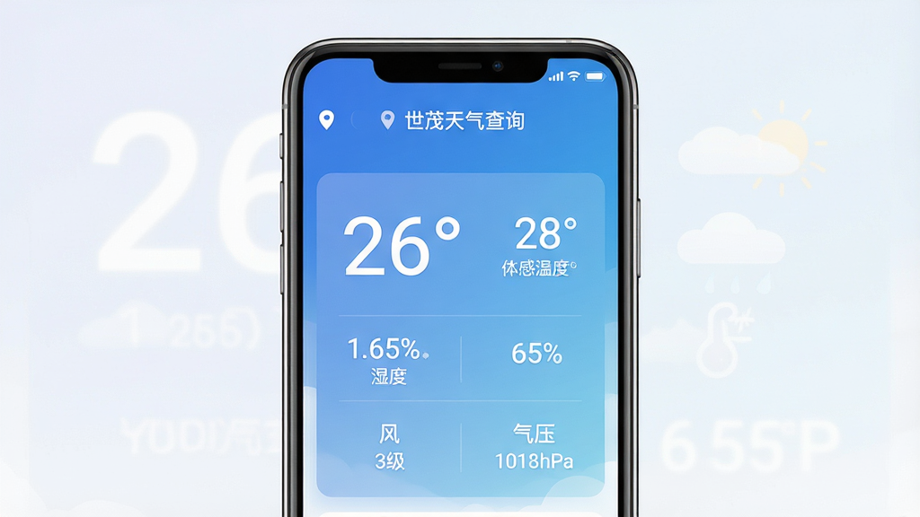 ��ï������ѯ�������棬�ֻ���Ļ����չʾ����ɫ��Ϊ���׽��䣬��Ļ����ʾ��ǰ�¶�26�ȡ�����¶�28�ȡ�ʪ��65%������3������ѹ1013hPa��������������ּ�������������г��ж�λ���ƣ����Ϊ��ƽ���ִ�UI��ϸ�ڸɾ��޶���װ�Σ����ʸ��壬����ʹ�����ı�ע����ï������ѯ��