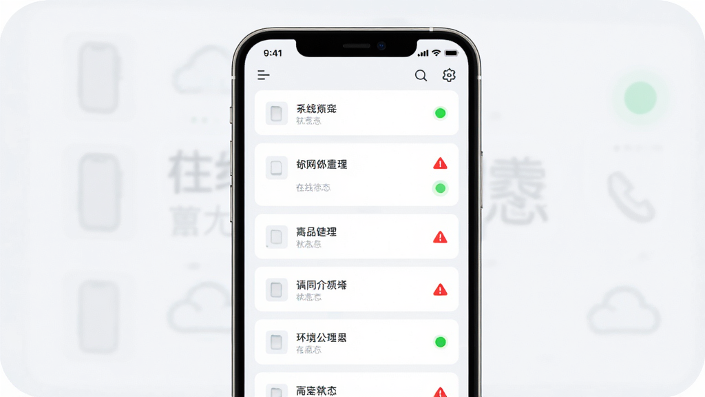������ϵͳ���豸�������棬����Ϊ�ֻ���Ļ����ʾ��̨�豸�б���״ָ̬ʾ�ƣ�����Ϊ�����б��Ű棬���Ϊ��ˬ��Լ��ǳɫϵ��ƣ�ϸ�ڰ����豸���Ʊ�ǩ����ɫ����״̬Բ�㡢�쳣��ɫ��ʾͼ�꣬���ʸ��壬�ɾ����޶���Ԫ��