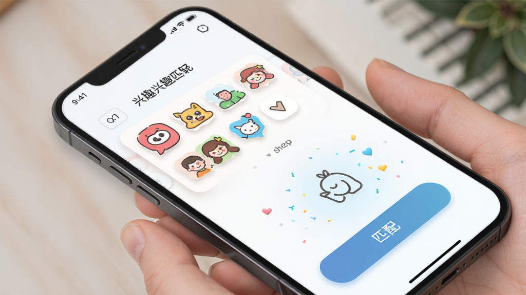 ����������Ȥƥ��ҳ�棬����Ϊ�ֻ�����չʾ��Ȥ��ǩѡ������ƥ�䰴ť������Ϊ���½ṹ���Ű����룬�������ǳɫ��ϸ�ڰ�����ɫ��Ȥͼ�ꡢ�����Ӱ��ƥ��ɹ����������ʸ��壬�ɾ����޶���Ԫ��