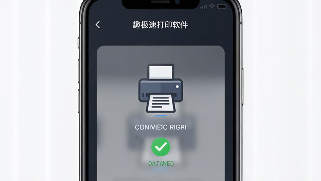 趣极速打印软件界面展示,主体为手机屏幕显示打印连接页面,布局居中,排版简洁,风格现代科技感,细节包含打印机图标和连接状态,画质清晰,干净,无多余元素