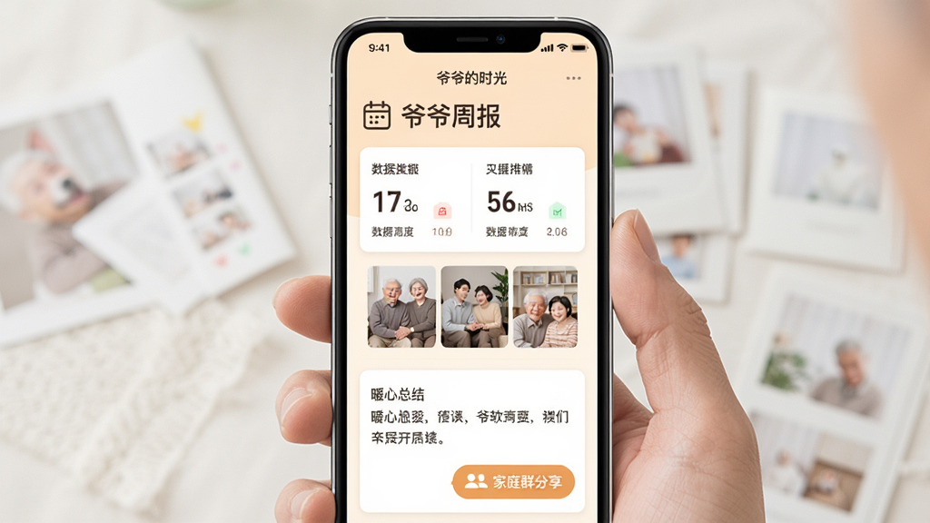 �������ơ�үү��ʱ�⡱�ܱ�ҳ�棬�ֻ���Ļչʾ�ܱ���Ƭ�������Ϸ�Ϊ���⡰үү�ܱ������м�Ϊ����ͳ�ƺ���Ƭ����ͼ���·�Ϊů���ܽ����֣��Ű����룬���������ů��ϸ�ڰ�������ͼ��ͼ�ͥȺ�ķ�����ť�����ʸ��壬�ɾ����޶���Ԫ��