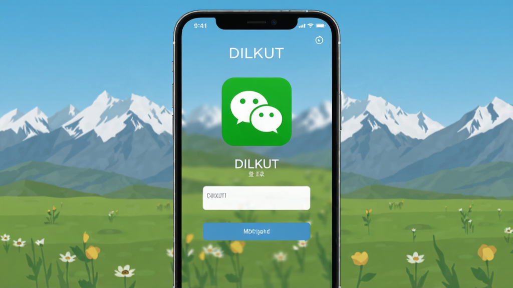 手机屏幕显示DILKUT应用登录界面,微信图标醒目,背景为新疆草原与雪山,主体居中,布局简洁,排版清晰,扁平化设计风格,细节精致,画质高清,干净,无多余元素