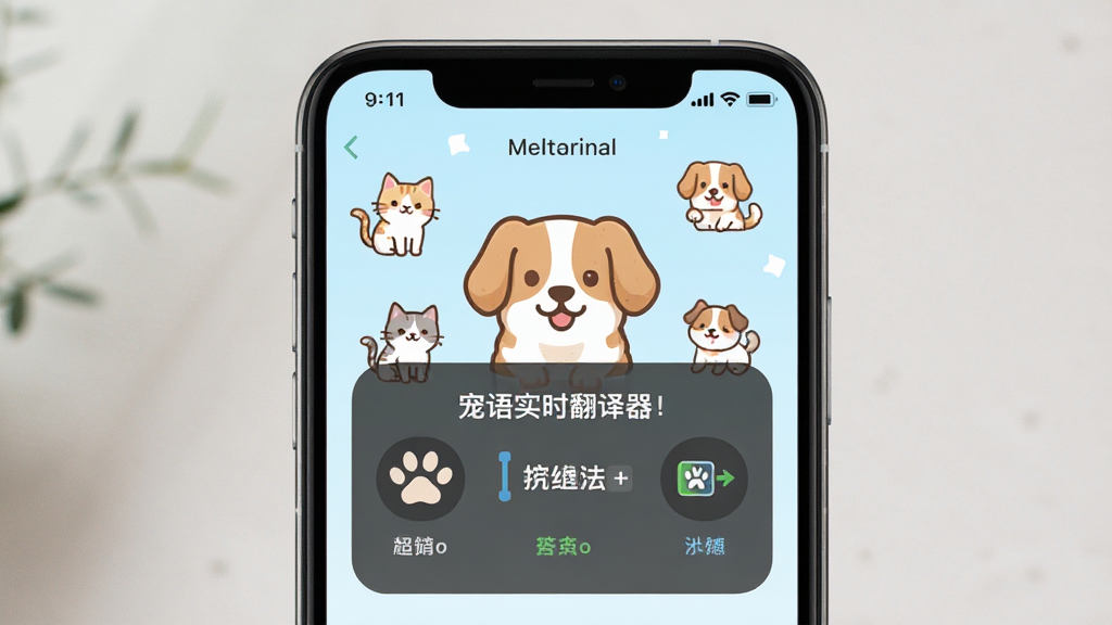 宠语实时翻译器 手机屏幕显示宠物翻译结果与可爱壁纸界面 主体为手机 布局居中 排版上下结构 风格清新治愈 细节有猫咪狗狗卡通图标 画质高清 干净 无多余元素