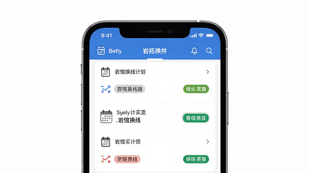 Betly 倍拓软件界面展示,主体为手机屏幕中显示岩馆换线计划列表,布局采用上下结构,排版清晰,风格简约现代,细节包括日历图标和线路标签,画质高清,干净,无多余元素