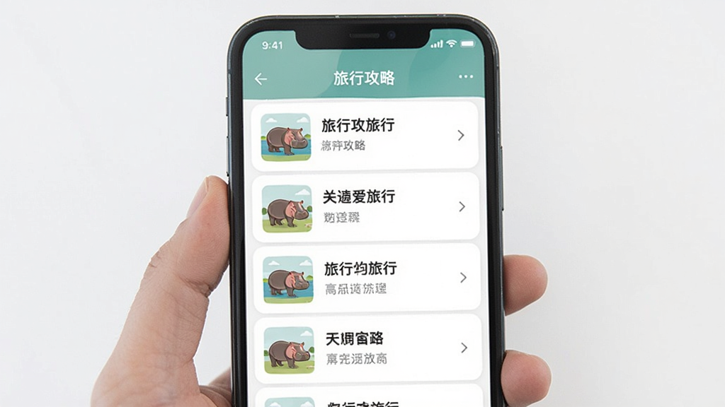 河马爱旅行 手机界面展示 旅行攻略列表 清新风格 干净 无多余元素
