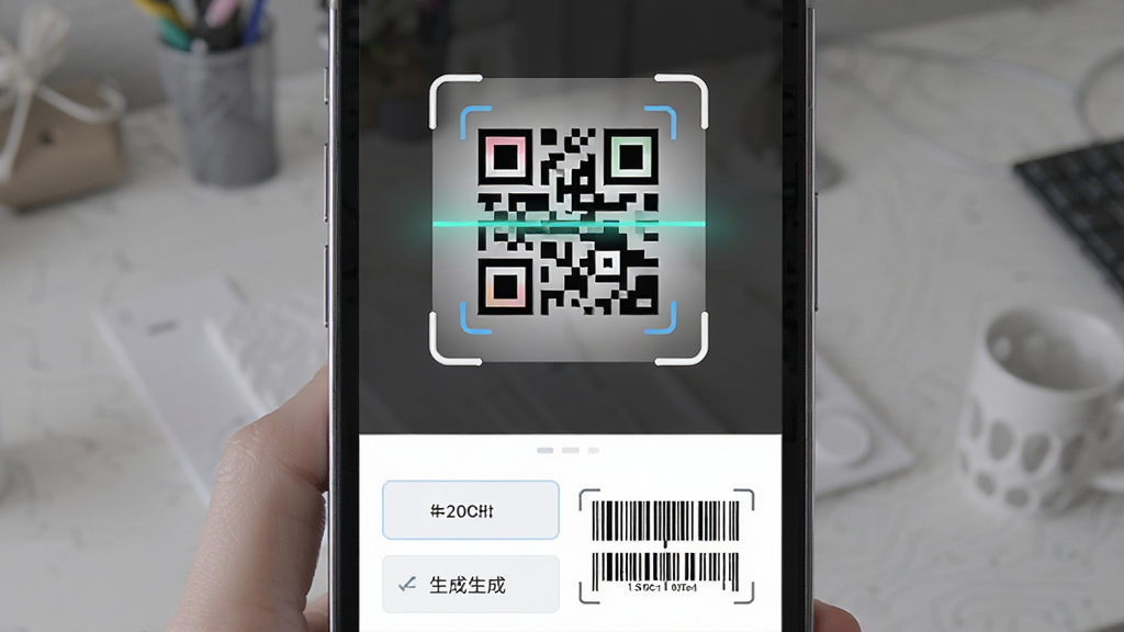 二维码条形码生成软件界面,主体为手机屏幕展示二维码和条形码扫描与生成功能,布局为上下分栏,上方显示扫描框,下方显示生成选项,排版简洁,风格为现代科技风,细节包含彩色二维码图案和条形码线条,画质清晰干净无多余元素
