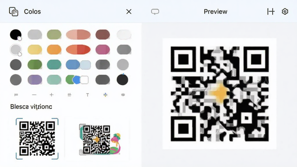 二维码条形码生成应用内页,主体为自定义编码设计界面,布局为左侧颜色选择器右侧图案预览,排版整齐,风格为清新浅色,细节包含调色板和二维码样式选项,画质干净无多余元素