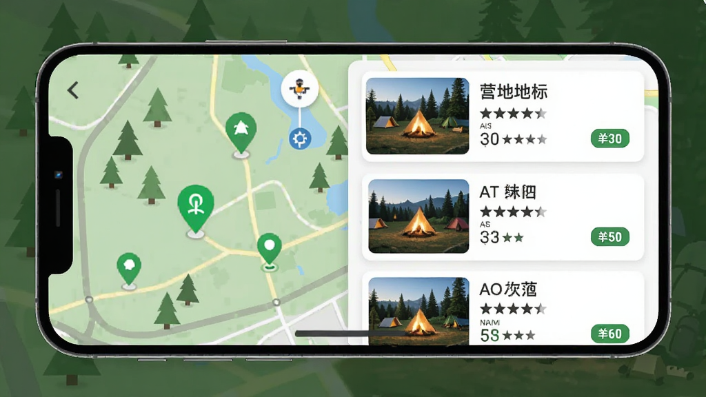 �˳���APP��ͼ����չʾ����Ӫ�ر�Ǻ�Ӫ�����鿨Ƭ,����Ϊ�ֻ���Ļ�еĵ�ͼ��Ӫ���б�,����Ϊ���ҷ�������ͼ�Ҳ���Ϣ��,�Ű�����,���Ϊ�ִ���Լ�����,ϸ�ڰ�����ɫӪ�ر�ǡ��Ǽ����ۡ����ñ�ǩ,���ʸ���ɾ��޶���Ԫ��