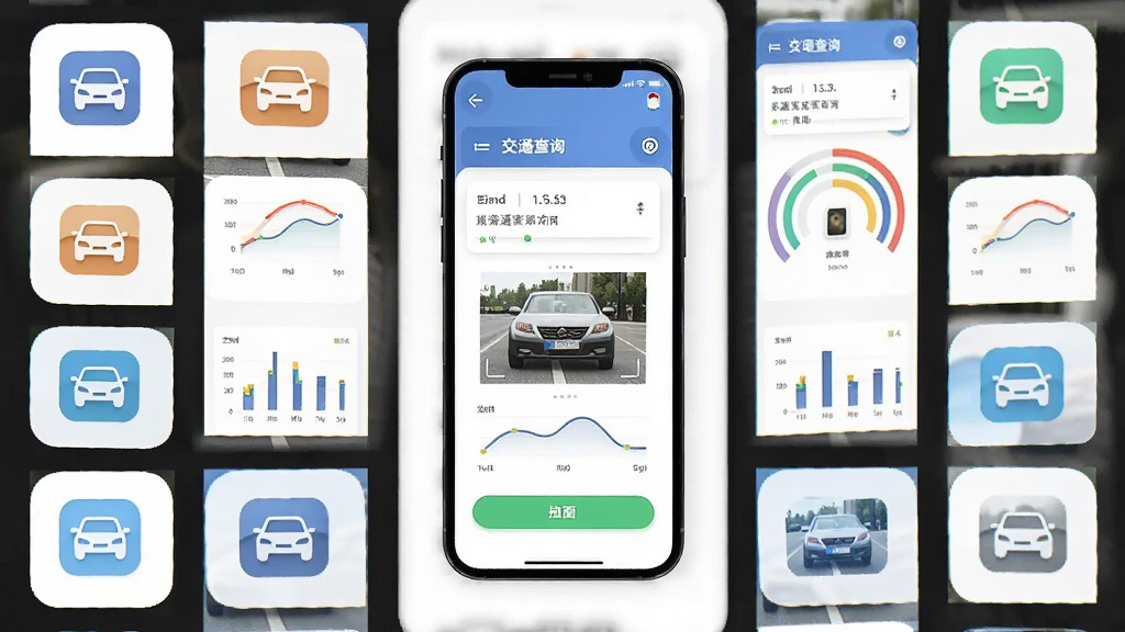 交通违章查询软件应用图标与界面组合展示,主体为手机屏幕显示违章查询与拍照功能,布局为多屏排列,排版整齐,风格为扁平化设计,细节包括图标、按钮、数据图表,画质清晰,干净,无多余元素
