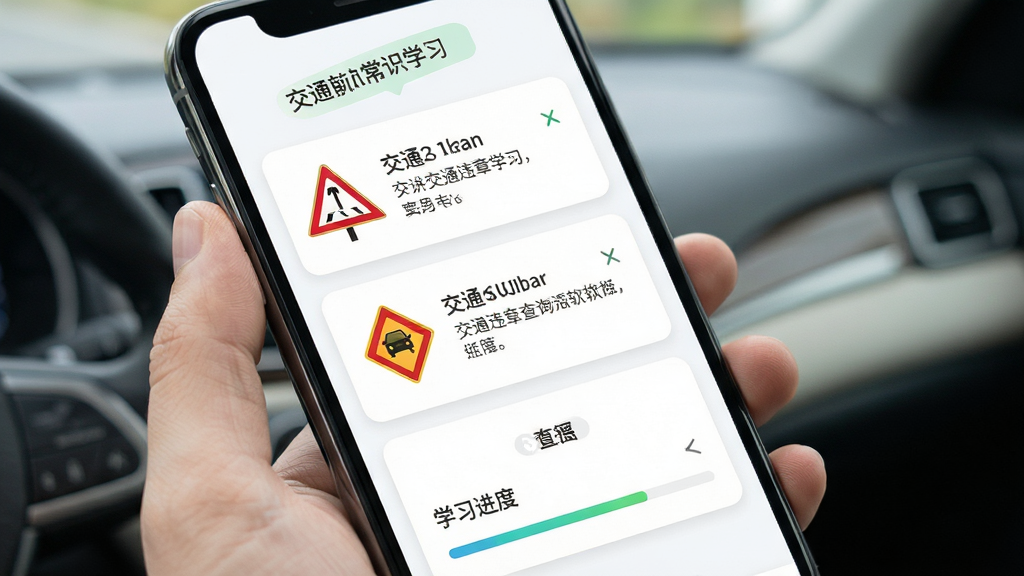 交通违章查询软件功能界面,主体为手机屏幕显示交通常识学习页面,布局为卡片式列表,排版清晰,风格为清新简约,细节包括交通标志图标、文字说明、学习进度条,画质清晰,干净,无多余元素