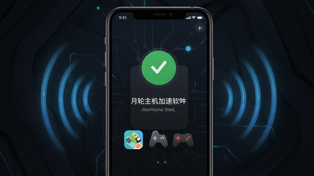 月轮主机加速软件界面展示,主体为手机屏幕显示加速连接成功状态,布局居中,排版简洁,风格科技感,细节包含Switch游戏图标与信号波纹,画质高清,干净,无多余元素
