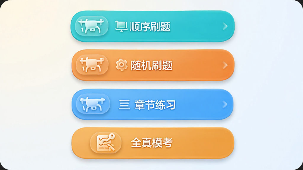 无人机航拍智学刷题模式选择页面,画面中四个大按钮分别标注顺序刷题、随机刷题、章节练习、全真模考,按钮为圆角矩形纵向排列,背景为浅色渐变,排版整齐,风格为清新简约,细节上按钮带有图标和微立体效果,画质高清,干净,无多余元素