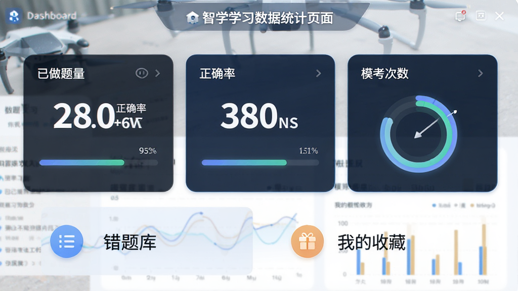 无人机航拍智学学习数据统计页面,画面中央是已做题量、正确率、模考次数三个数据卡片横向排列,下方是错题库和我的收藏入口,布局清晰,排版对称,风格为数据可视化仪表盘风格,细节上数字大而醒目,配有进度条和环形图,画质高清,干净,无多余元素