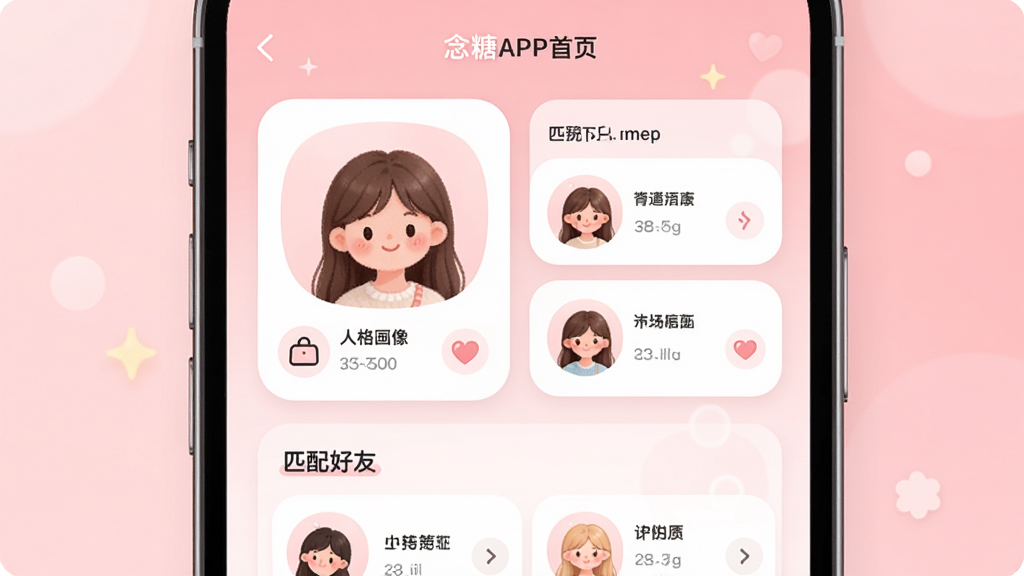 ����APP��ҳչʾ������Ϊ�ֻ���Ļ����ʾ�˸���Ƭ��ƥ������б������־��У��Ű��࣬�����������ϵ��ϸ�ڰ�����ͷ�ɫ���䱳����Բ�ǿ�Ƭ���ɰ�ͼ�꣬���ʸ���ɾ��޶���Ԫ��