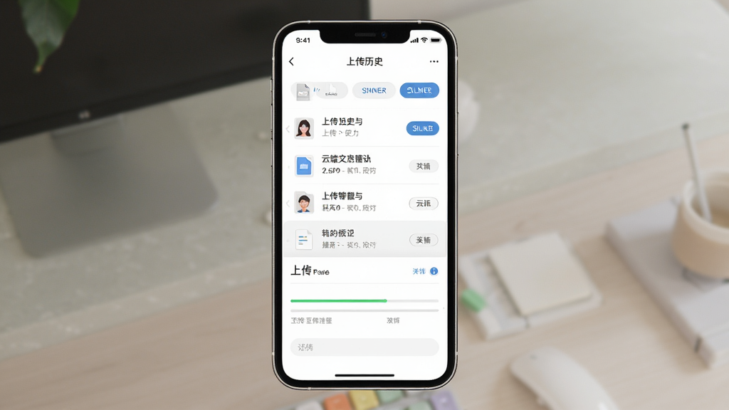 聊天微记录助手使用技巧示意图,主体为手机屏幕展示上传历史与云端文件管理界面,布局为上下分栏展示,排版整齐,风格为清新简约,细节包括文件列表、筛选按钮、上传进度条,画质清晰,干净,无多余元素