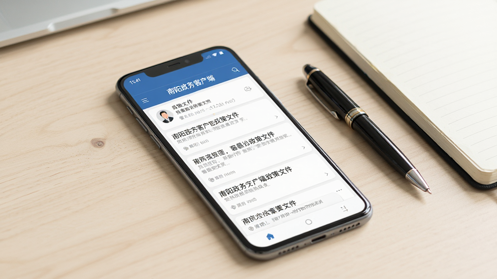 一部安卓手机展示南阳政务客户端政策文件栏目页面,界面清晰列出多份政策文件标题,背景为浅色办公桌面,旁边有一支笔和笔记本,整体风格商务简洁,画面干净明亮,高清画质,无多余元素