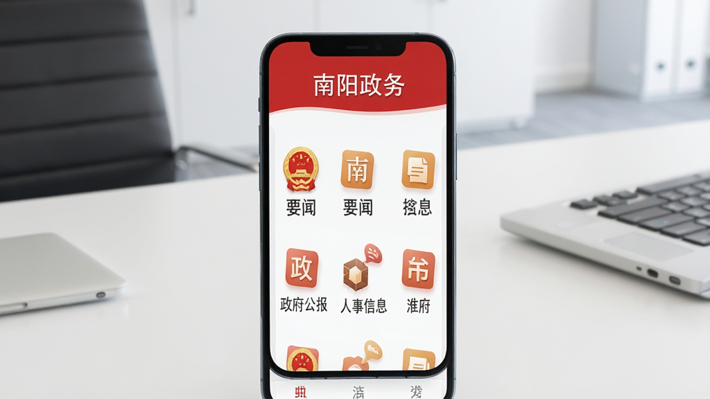 一部智能手机屏幕显示南阳政务客户端首页,界面以红色和白色为主色调,顶部有“南阳政务”字样,下方排列要闻、人事信息、政府公报等栏目图标,背景为简洁的办公桌面,整体风格正式简洁,画面干净清晰,无多余元素,高清画质