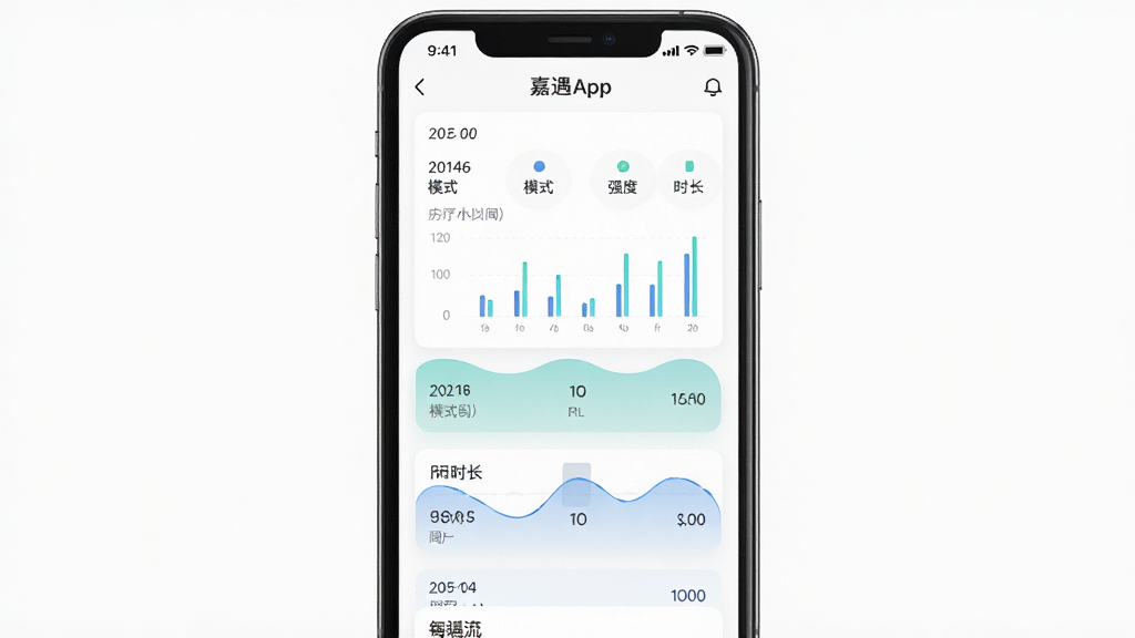 嘉遇App使用记录页面,手机屏幕显示历史理疗数据列表,包含日期、模式、强度、时长,主体为手机界面,布局居中,排版整齐,风格清新简约,细节有图表和记录条目,画质高清,干净,无多余元素