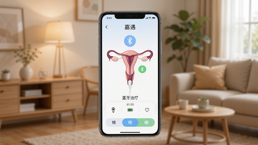 嘉遇App界面展示蓝牙连接智能低频子宫治疗仪,手机屏幕显示设备已连接,背景为温馨家居环境,主体居中,布局简洁,排版清晰,风格现代科技感,细节包括蓝牙图标、设备电量、模式选择按钮,画质高清,干净,无多余元素