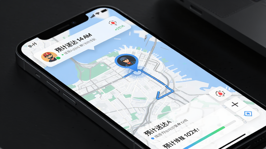 �÷�APP�����ֽӵ����͵�ͼ�켣�붩��״̬ʵʱ����ҳ�棬����Ϊ�ֻ���Ļ��ͼ���棬�������½ṹ���Ű�ͻ������λ�ú�Ԥ���ʹ�ʱ�䣬���Ƽ���Լ��ϸ�ڰ���·������������ͷ��ͼ��ͽ����������ʸ��壬�ɾ����޶���Ԫ��