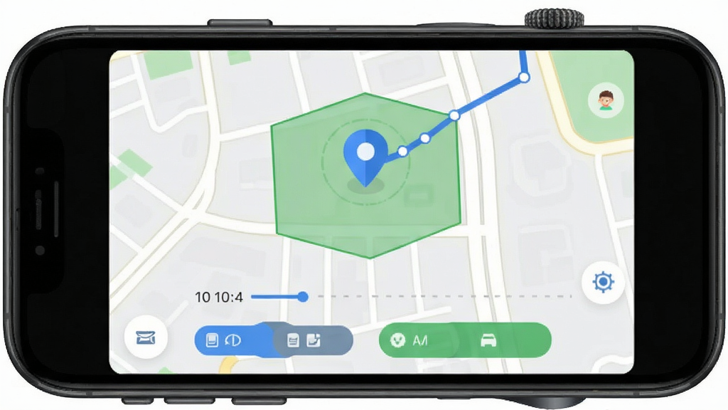 儿童电话手表精灵应用首页地图定位界面,主体为手机屏幕显示孩子位置图标与轨迹路线,布局居中对齐,排版简洁上方为地图下方为功能按钮,风格为现代扁平化科技风,细节包含蓝色定位点、绿色安全区域范围、时间轴轨迹线,画质高清干净无多余元素