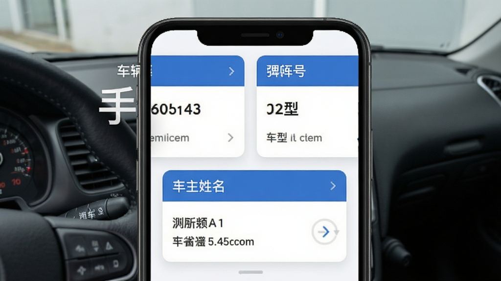 手车行车记录仪车辆档案页面,主体为手机界面展示车辆信息卡片,布局上下排列,排版整洁,风格为简约商务,细节包含车牌号、车型、车主姓名,画质清晰,干净,无多余元素