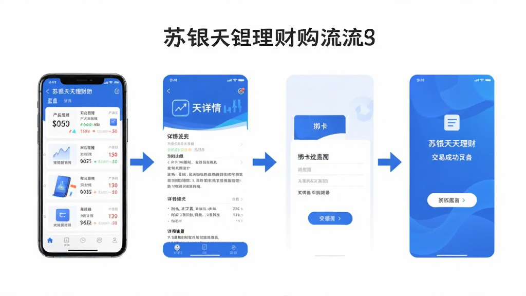 苏银天天理财购买流程示意图,手机屏幕显示产品列表、详情页、绑卡页面和交易成功页面,蓝色主色调,界面简洁,操作步骤用箭头连接,画质清晰,无多余元素