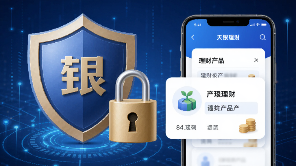 苏银天天理财安全认证与资金保障概念图,盾牌图标与手机界面结合,蓝色科技感背景,画面中央显示安全锁和理财产品卡片,风格正式专业,画质清晰,无多余元素