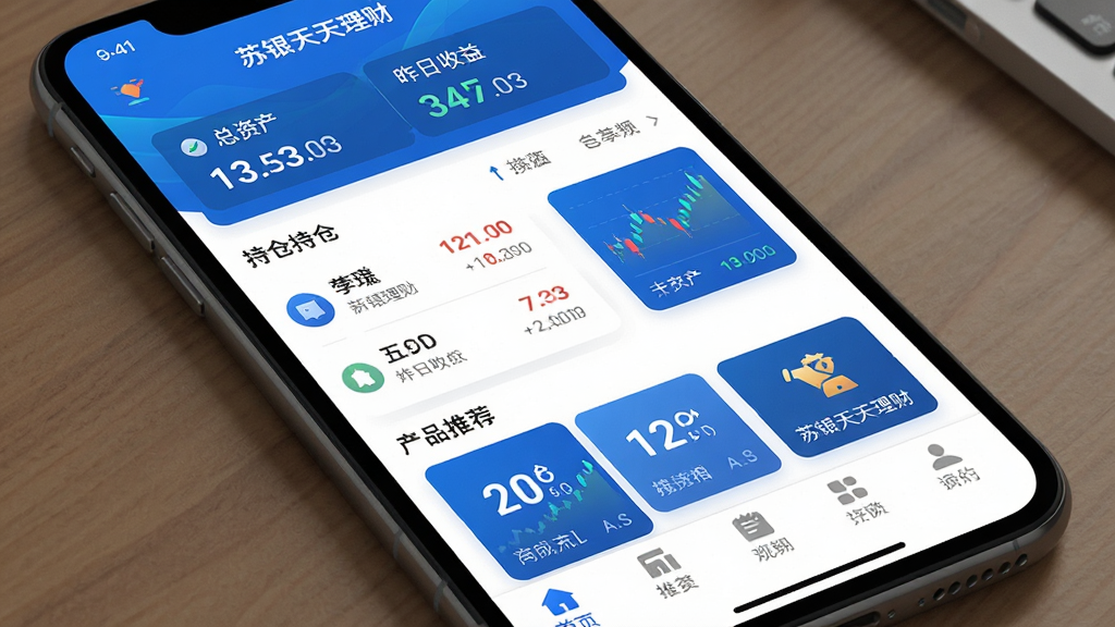 苏银天天理财应用主界面展示,蓝色金融风格,顶部显示总资产和昨日收益,中部为持仓列表和产品推荐卡片,底部导航栏清晰,整体布局简洁干净,画质清晰,无多余元素