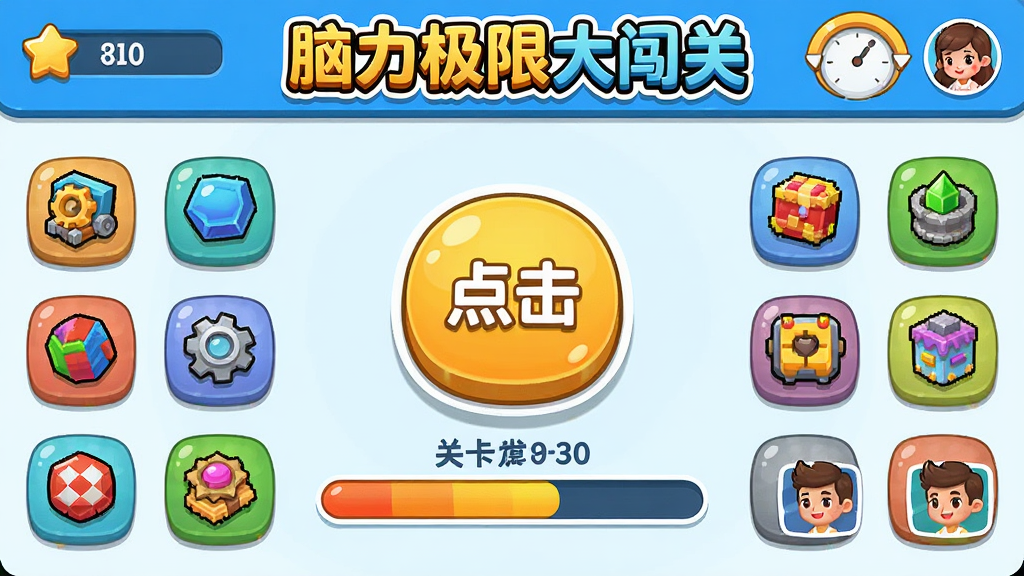 脑力极限大闯关游戏主界面,中央显示点击按钮与关卡进度条,周围环绕彩色道具图标,布局为上下结构,上方标题下方操作区,排版简洁明快,风格为卡通休闲,细节包含分数显示、倒计时圆环、好友头像,画质高清,干净,无多余元素