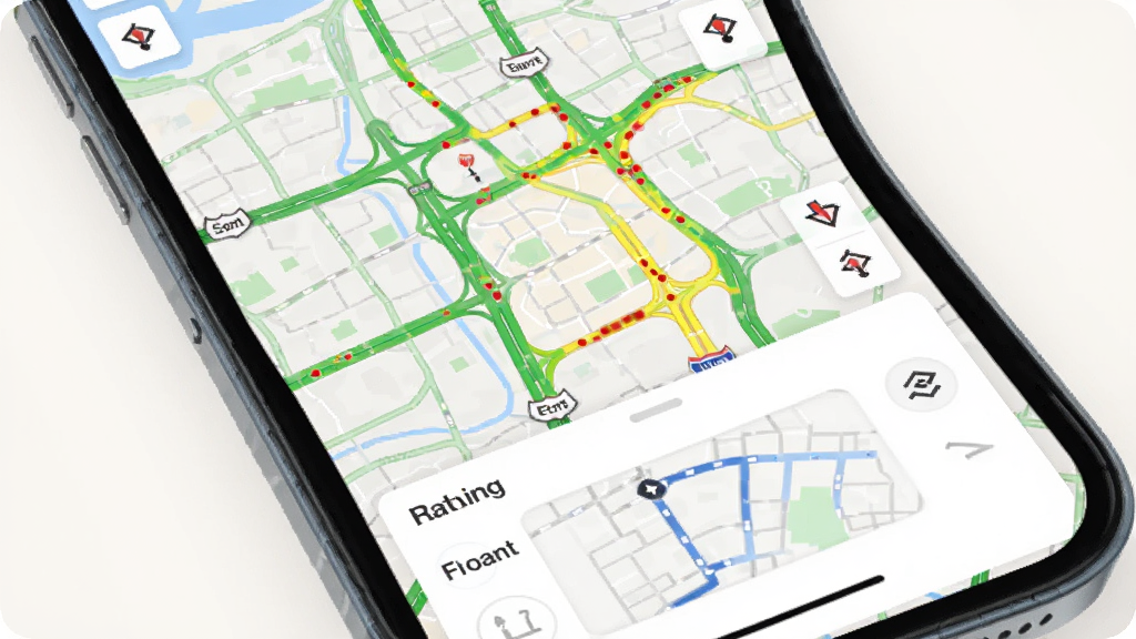 步步路通APP实时交通界面展示,手机屏幕中显示城市地图,道路用绿色黄色红色标注拥堵程度,底部有路线规划卡片,背景为浅色,风格简洁现代,画质清晰,干净,无多余元素