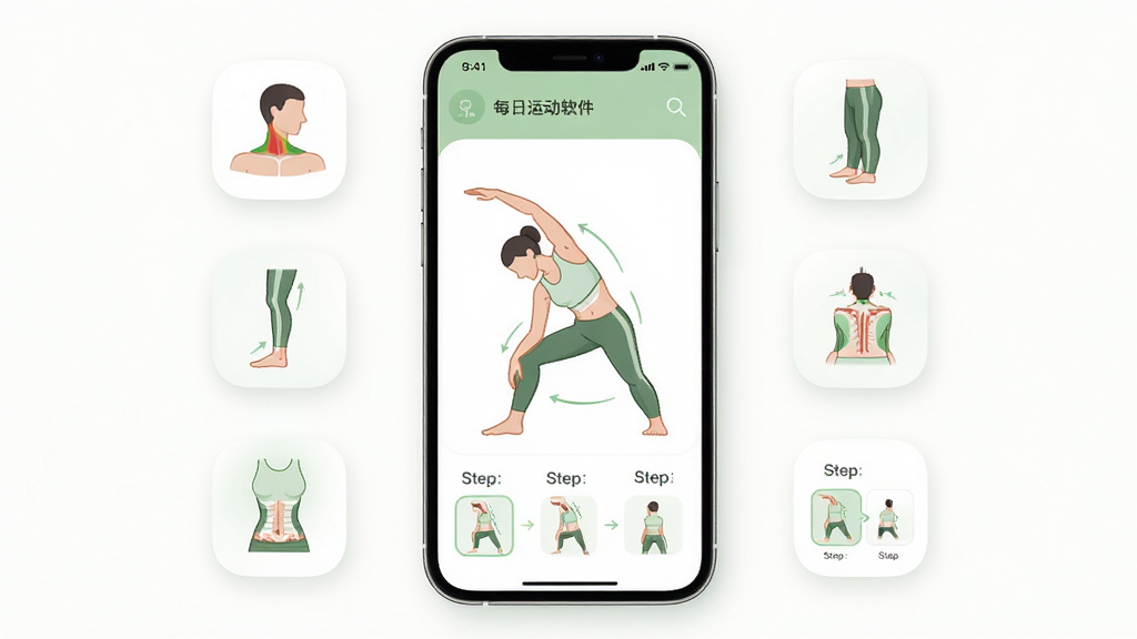 ÿ���˶���������չʾ������Ϊ�ֻ���Ļ����ʾ���岿λ����ʾ��ͼ������Ϊ���з����ֻ�����Χ���Ƽ羱���Ȳ��������Ȳ�λ��Сͼ�꣬�Ű������������Ϊ���½����˶��磬ϸ�ڰ�����͵���ɫ���ɫ��ɫ��Բ��ͼ�ꡢ����ֽ�ͼ����չʾ�����ʸ��壬�ɾ����޶���Ԫ��