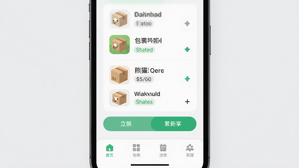 熊猫管家应用主界面展示,画面中央放置一部智能手机,屏幕显示包裹列表和功能按钮,背景为简洁的浅灰色,布局居中,排版清晰,风格为现代扁平化,细节包括包裹图标、状态标签和底部导航栏,画质清晰干净无多余元素