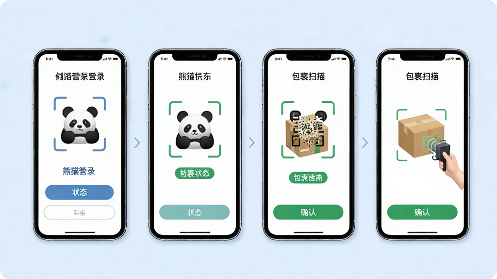 熊猫管家操作流程示意图,画面展示手机屏幕从登录到包裹扫描的连续步骤,采用横向排列布局,风格为简洁商务,细节包括扫码框、状态标签和确认按钮,画质清晰干净无多余元素