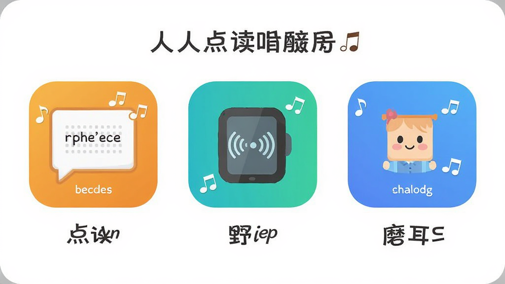 人人点读功能图解,主体为软件内点读、跟读、磨耳朵三大功能图标,布局为横向排列,排版规整,风格扁平化设计,细节包含英文单词和音符符号,画质高清,干净,无多余元素