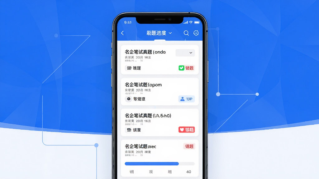 笔试通软件界面展示,主体为手机屏幕中显示名企笔试真题列表和刷题进度条,布局采用居中大图排版,风格简洁商务,细节包含蓝色主色调、白色背景、清晰的题目卡片和错题标记,画质高清干净无多余元素