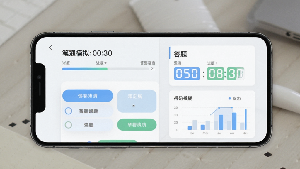 笔试通模拟考试功能展示,主体为手机屏幕中显示倒计时和答题卡,布局采用左右分栏排版,风格清爽浅色,细节包含进度条、选项按钮、得分图表,画质高清干净无多余元素