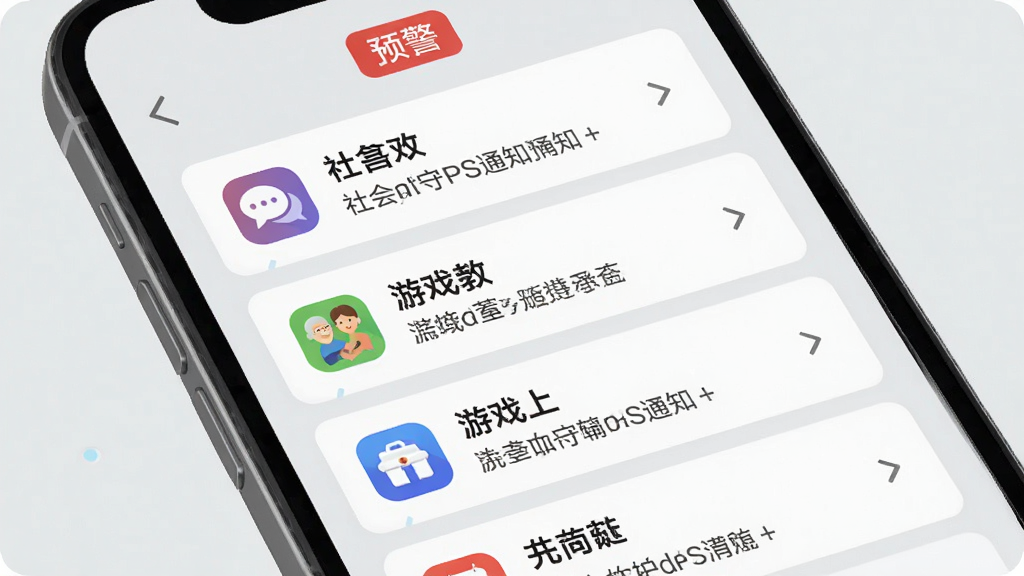 老人儿童亲情守护GPS通知预警界面,手机屏幕显示多条通知摘要列表,包含社交、游戏、支付等图标,顶部有“预警”标签,界面采用卡片式布局,浅灰色背景,清晰易读,扁平化风格,高清画质,干净整洁