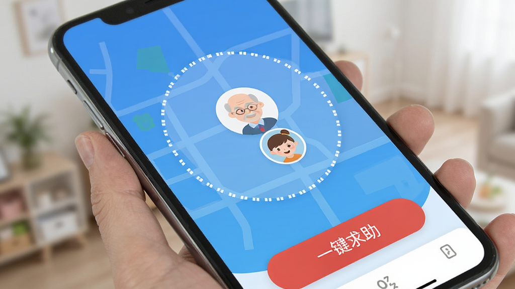 老人儿童亲情守护GPS软件界面,主屏幕显示地图定位和孩子位置头像,底部有“一键求助”红色按钮,周围有电子围栏虚线圆圈,界面干净整洁,扁平化设计风格,蓝白配色,手机屏幕展示,高清画质,无多余元素