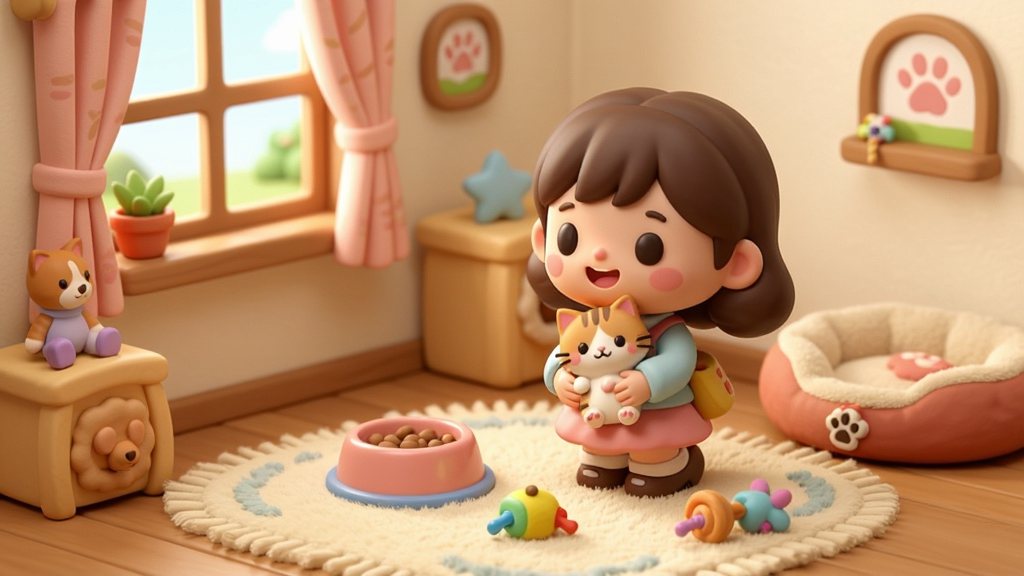 迷你童话小镇宠物互动场景,卡通风格,小女孩抱着小猫,旁边有食盆和玩具,布局为室内房间,风格为温馨治愈,细节包括地毯、窗户、宠物窝,画质高清,干净,无多余元素