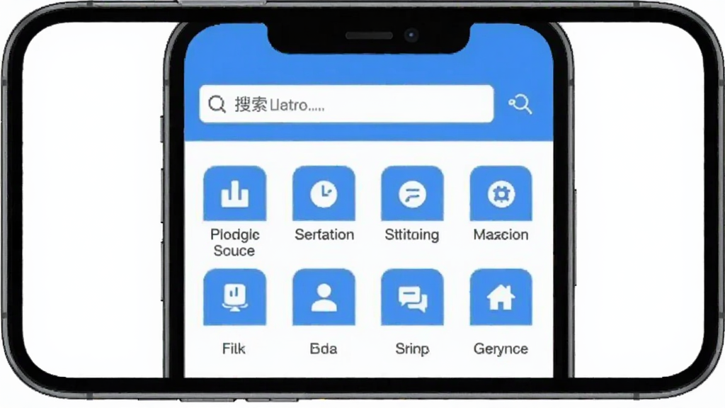 企业信息信用全免查软件主界面截图,顶部搜索框,下方功能入口图标排列整齐,蓝色清爽风格,手机屏幕展示,干净无多余元素