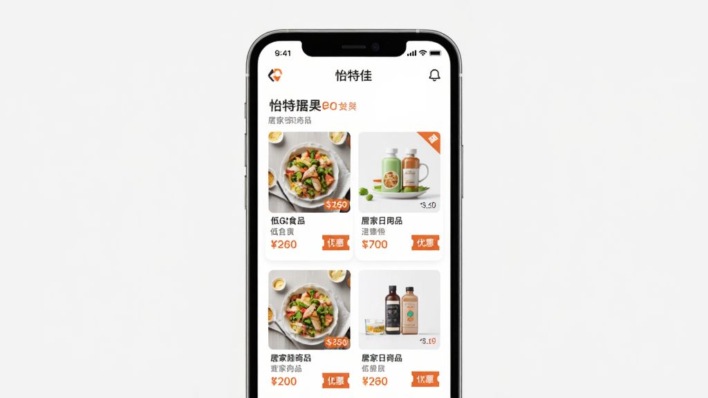 ���ؼ�APP��ҳչʾ������Ϊ�ֻ���Ļ�ڳ��ֵ�GIʳƷ�;Ӽ�������Ʒ���࣬���ֲ��þ����ֻ� mockup չʾ���Ű�������࣬���Ϊ�ִ����̱�ƽ����ƣ�ϸ�ڰ�����Ʒ����ͼ���۸��ǩ���Ż�ȯͼ�꣬���ʸ��壬�ɾ����޶���Ԫ��