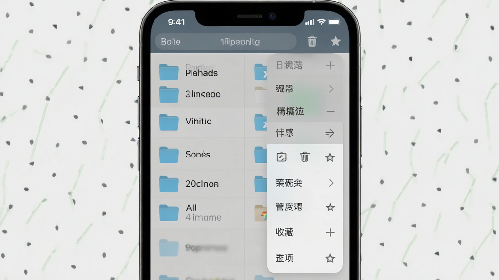 微聊天记录手机端备份文件管理操作界面,主体为手机屏幕展示文件夹列表和操作菜单,布局为左中右三栏式文件浏览结构,排版紧凑合理,风格清爽素雅,细节包含重命名移动删除收藏图标,画质高清干净无多余元素