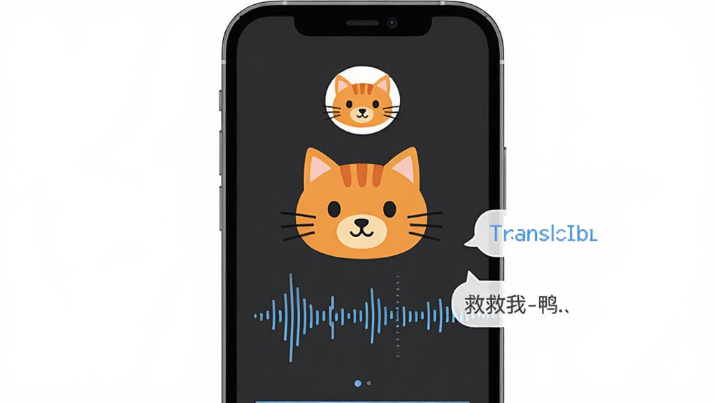 救救我-鸭 软件界面展示,手机屏幕中央显示猫咪头像与声波翻译动画,主体为一只橘猫与手机,布局采用上下结构,排版清晰,风格为卡通扁平化,细节包括声波线条与翻译文字气泡,画质高清,干净,无多余元素
