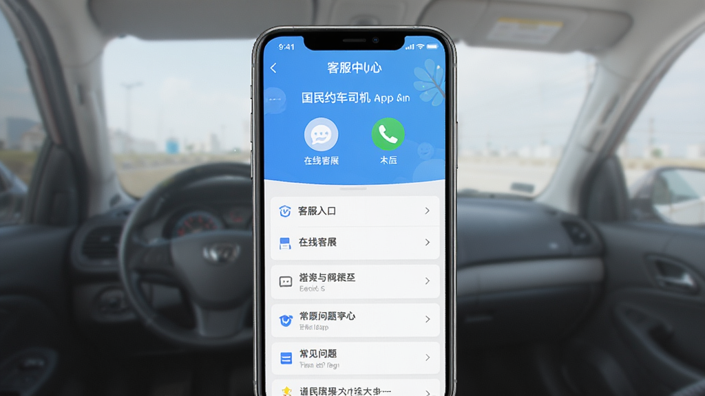 国民约车司机app客服中心页面截图,主体为手机界面展示客服入口,布局居中,排版整洁,风格简约清新,细节包括在线客服图标、电话图标、常见问题列表,画质清晰,干净,无多余元素