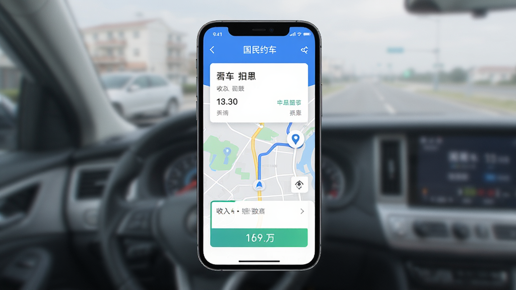 手机屏幕展示国民约车司机app接单界面,主体为手机居中放置,布局简洁,排版清晰,风格为现代科技感,细节包括订单卡片、地图导航、收入数字,画质高清,干净,无多余元素
