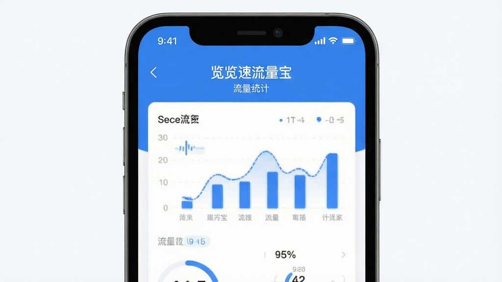 览速流量宝 流量统计界面 手机屏幕 简洁风格 数据图表 蓝色主题 干净 无多余元素 高清画质