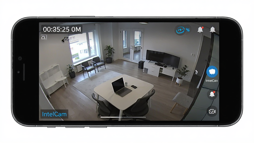 IntelCam ��������չʾ������Ϊ�ֻ���Ļ��ʾʵʱ��ػ��棬���־��У��Ű��࣬����ִ��Ƽ��У�ϸ�ڰ���ʱ�����֪ͨͼ�꣬�����������ɾ����޶���Ԫ��