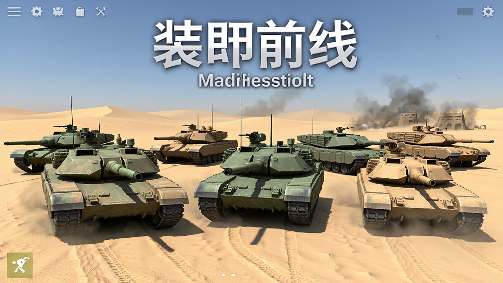 装甲前线游戏主界面展示,多辆现代坦克排列在沙漠战场上,3D渲染风格,画面干净清晰,无多余元素