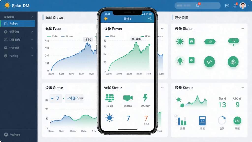 ������Solar DM��������չʾ�����վʵʱ�������ͼ��������Ϊ�ֻ���Ļ������ʾ���Ű������������Ϊ�ִ��Ƽ��б�ƽ����ƣ�ϸ�ڰ������繦�����ߡ��豸״̬ͼ�ꡢ��ɫ����ɫ��ɫ�������ʸ��壬�ɾ����޶���Ԫ��